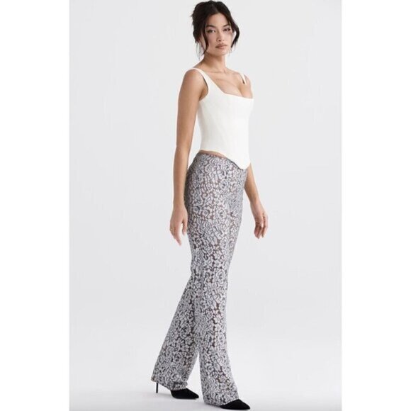 HOUSE OF CB Mara Lace Trousers in Silver Metallic Size Large - Picture 2 of 11